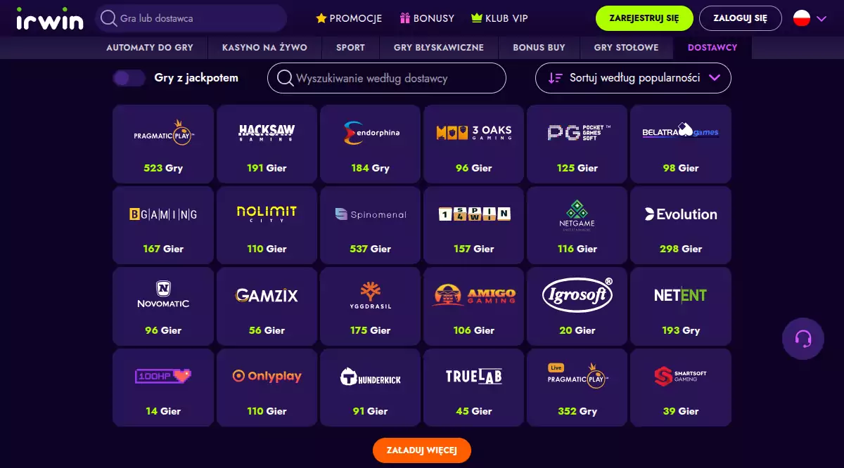 Dostawcy gier w IRWIN Casino irwin casino bonus