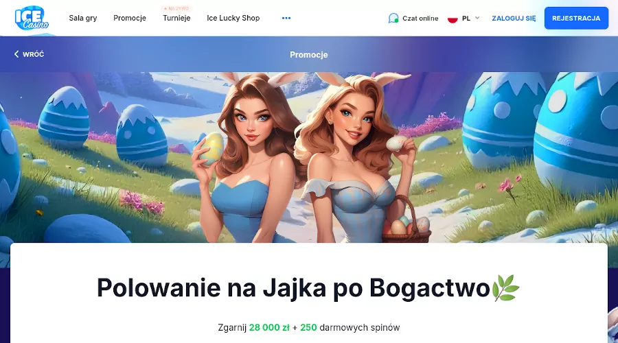 Wielkanocnemu bonusowi w Ice Casino – Chłodne nagrody Reklama Ice Casino z wielkanocnego bonusu, z lodowymi pisankami.