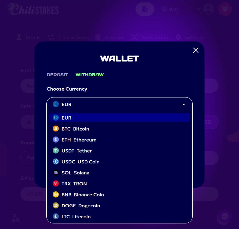 W kasynie ChiliStakes dostępne są przelewy bankowe i płatności kryptowalutowe