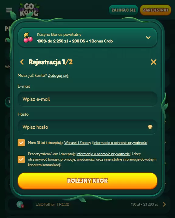 Rejestracja w GoKong casino