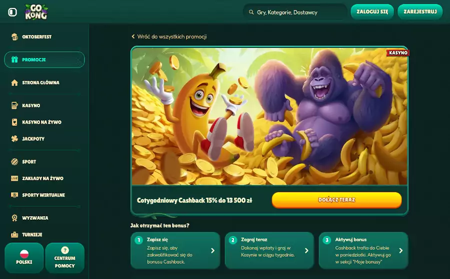 GoKong Casino oferuje cotygodniowy zwrot pieniędzy
