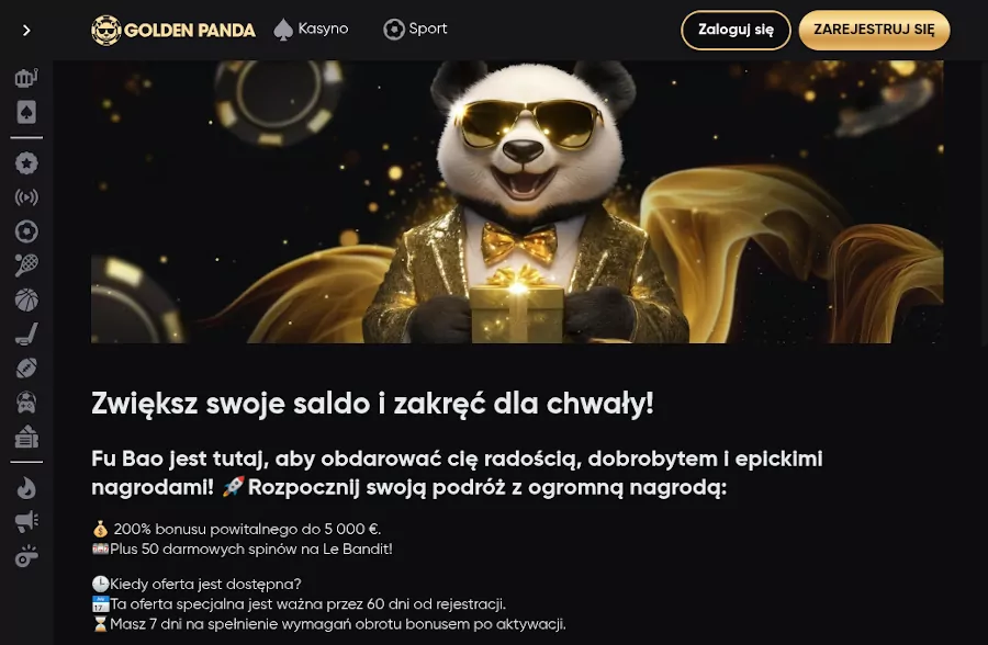 Golden Panda kasyno oferuje bonus powitalny