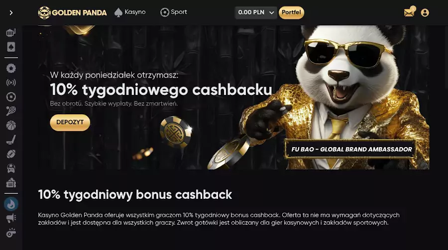 W Golden Panda kasynie dostępny cotygodniowy cashback 
