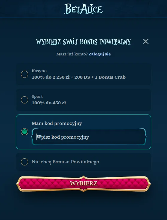Wprowadzanie BetAlice casino promo code