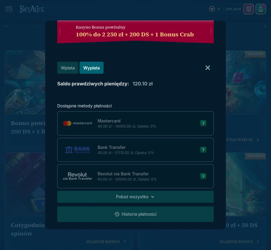 Wypłaty środków z BetAlice bonus bez depozytu