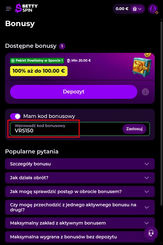 Wprowadzanie Bettyspin kod promocyjny