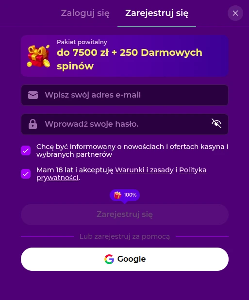 Rejestracja w Gambloria kasyno