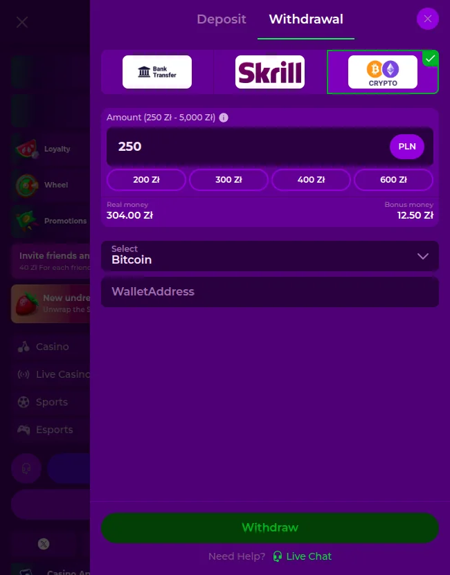 Wypłaty środków w Gambloria