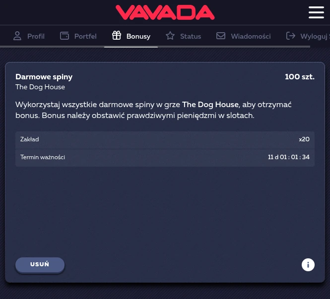 Warunki VAVADA bonus za rejestrację