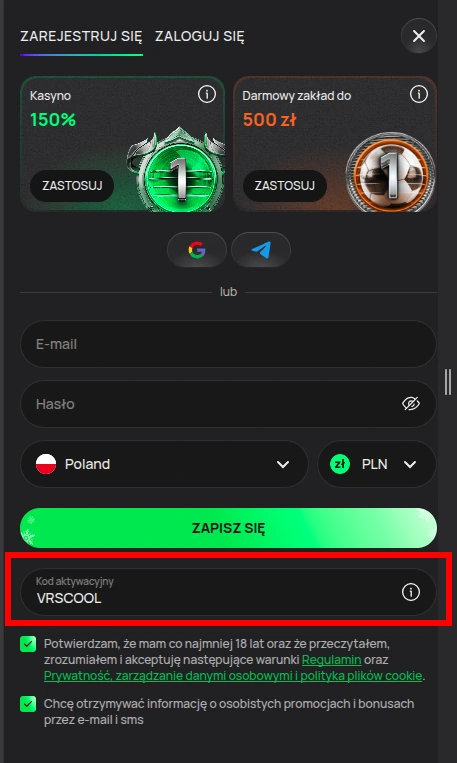 Wprowadzanie Flagman Casino kod promocyjny bez depozytu