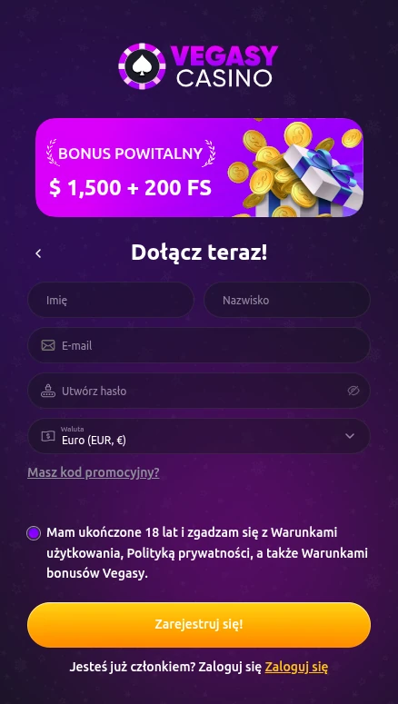 Rejestracja w Vegasy kasyno